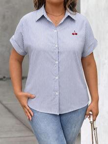 Plus Size Women's Cherry Embroidered Striped Shirt, Collared Rolled Sleeve Roll Cuff Button-Down Casual Blouse - Baby Blue - View 4