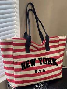 復古黑白條紋 NEW YORK 印花托特包套組，大容量主包附配套小化妝收納包，對比紅色字母美式復古風，耐用耐磨布料，手提設計，適合書籍、筆電、海灘用品、通勤、上學、旅行，適合學生、教師、上班族女性、旅行愛好者，開學季、教師節、生日、度假實用禮物，適合日常購物、海灘出遊、短途旅行 - 彩色 - 查看 5