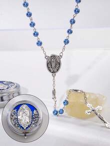 1 Set Rose Bead Necklace And Virgin Mary Cross Stainless Steel Religious Rosary Box, Suitable For Baptism, Wedding Gift, Religious Gift, Coming Of Age Ceremony, Graduation Gift, Catholic Events, Church Donation And Anniversary Gift. - Royal Blue - View 2