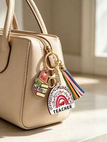 1pc Teacher Theme Keychain, Rainbow Leopard Print Wooden Pendant With Book Charm And Colorful Tassel, Portable Key Ring Accessory, Suitable For Car Keys And Bag Decoration, Ideal Thank You Gift For Educators On Teacher's Day, Back To School And Holidays - Multicolor - View 8