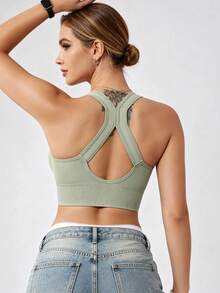 Runway Rest Women's High Intensity Front Zip Seamless Wireless Sports Bra, Suitable For Summer, Winter, Autumn And Spring - Mint Green - View 2