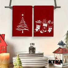 2pcs Christmas Kitchen Dish Towels, Christmas Tree & Stocking Silhouette Print Napkins, Holiday Winter Home Decor Kitchen Hand Towels - Red - View 8
