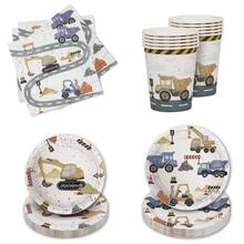 10/20/80pcs Construction Theme Birthday Tableware Set, Includes Paper Plates, Cups, Napkins, Suitable For Birthday Party Decoration, Baby Shower, Party Supplies - View 7
