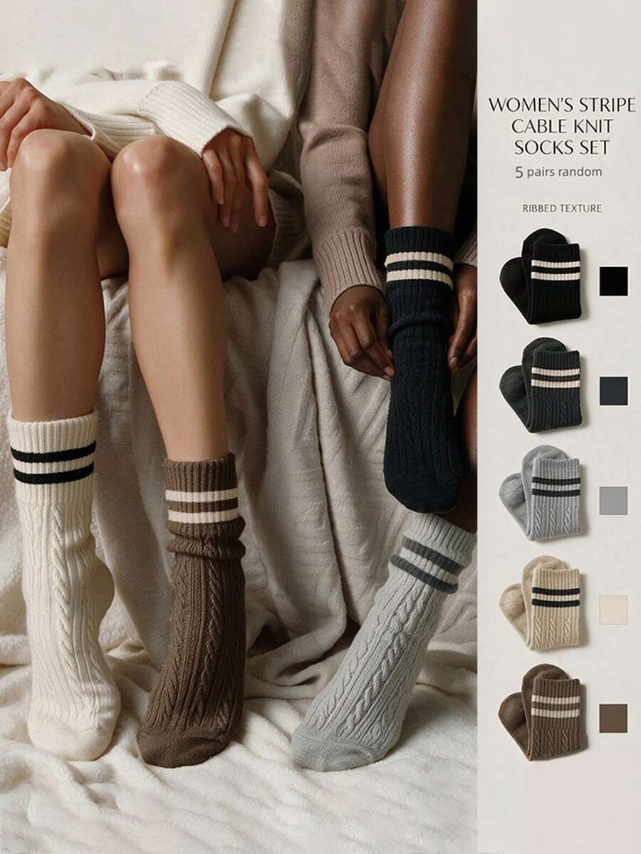 5 Pairs Random Color Autumn/Winter Women's Mid-Calf Thick Warm Socks, Ins Japanese School Style Retro Cable Knit Striped Versatile Slouch Socks - Multicolor - View 1
