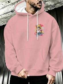 Plus Size Men's Pink American Hip Hop Hoodie With Crown Bear Graffiti Print On Back - Pink - View 2