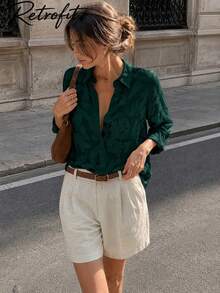 Plus Size Women's Elegant Long Sleeve Shirt With Collar, Feminine Fit, Suitable For Autumn & Spring Seasons Lightweight French Style Blouse, Ideal For Summer Sun Protection And Vacation Women's Business Casual Shirt - Dark Green - View 2