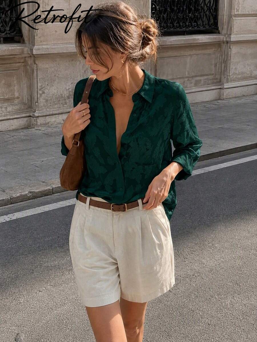 Plus Size Women's Elegant Long Sleeve Shirt With Collar, Feminine Fit, Suitable For Autumn & Spring Seasons Lightweight French Style Blouse, Ideal For Summer Sun Protection And Vacation Women's Business Casual Shirt