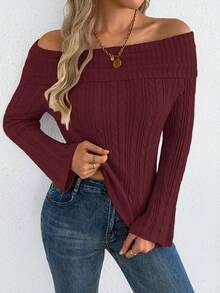 Autumn/Winter Elegant Open Shoulder Cable Knit Flare Sleeve Solid Color Women's Sweater Daily Knit Top - Burgundy - View 4