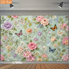 2D Flat-Design Tapestry Featuring A Mint Green Background With Vintage Roses, Butterflies, And Botanical Elements-Including Pink, Purple, White, And Apricot Roses, Fluttering Butterflies, Vines, Leaves, And Delicate Branch Accents. - Multicolor - View 6