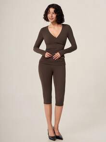 TimeOff Women's One Set Solid Color Cross V-Neck Long Sleeve V-Fold High Waist Mid-Length Pants Set - Brown - View 9