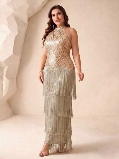 jazz sequin halter dress Long With Stand Collar, Neck, Tassel, Plus Size Evening Gown, Vintage Ball, Performance, Annual Meeting, Gala, Birthday Party, Stage Dress Carver Queally