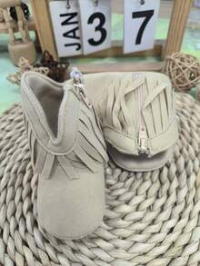 Classic Infant Tassel Design Casual Boots, Soft Sole Comfortable Walking Shoes For Newborns, Suitable For Spring And Autumn - Apricot - View 1