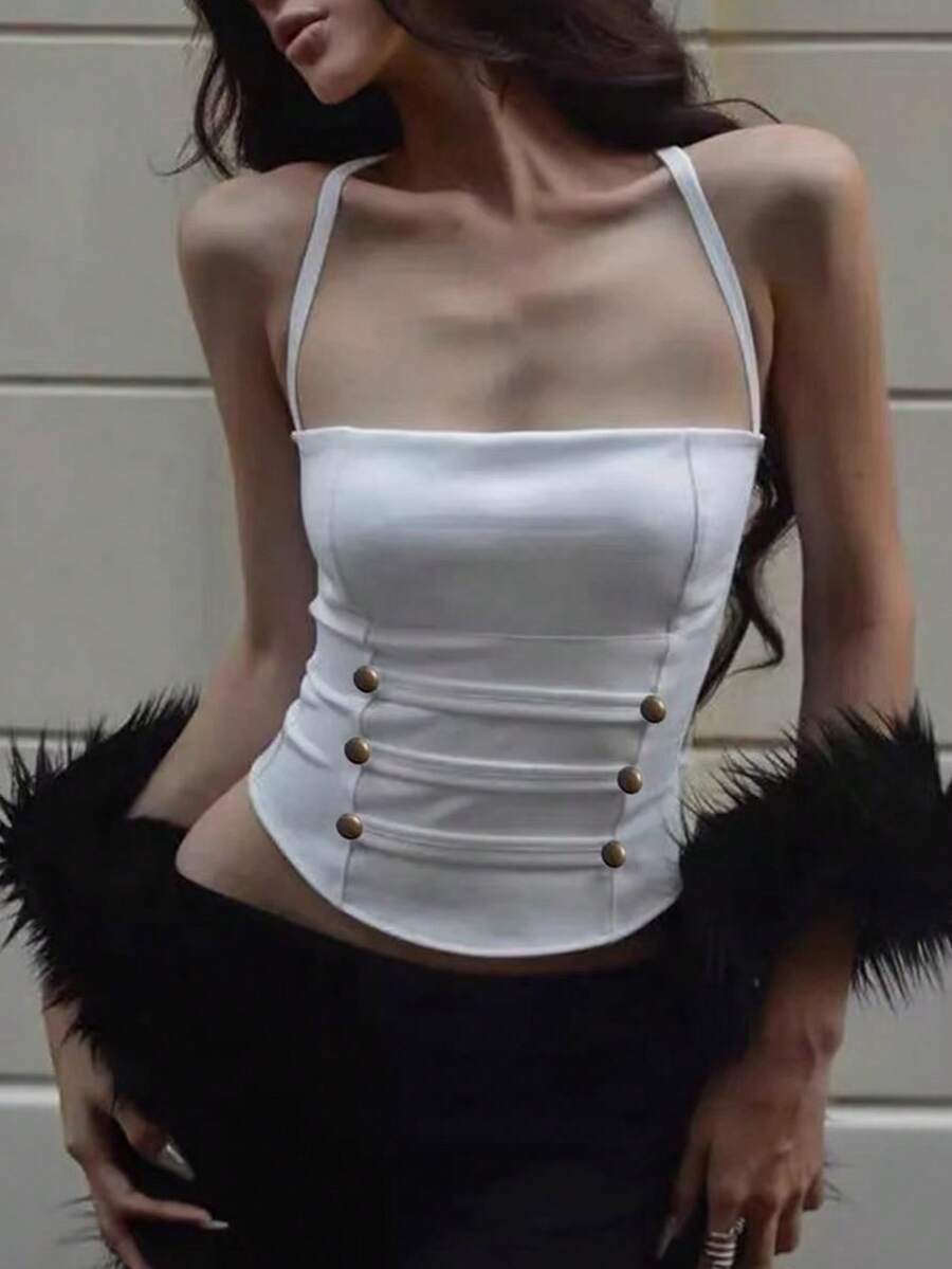 Atasan Rajut Tanpa Lengan Model Halter Neck Tanpa Punggung dari Top Dazzle untuk Wanita, Hem Asimetris, Detail Kancing, Elastisitas Sedang, Potongan Reguler - Putih - View 1