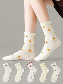 ZUJO 5 Pairs Women's Mid-Calf Socks, Floral, Star, Bear, Cherry, Heart Patterns, Suitable For Daily Wear, Suitable For All Seasons, Simple And Comfortable, Random Color Shipment - Multicolor - View 3