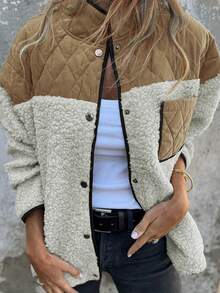 Women's Autumn/Winter Best-Selling Casual Elegant Quilted Plush Contrast Color Patchwork Design Stand Collar Single-Breasted Long Sleeve Thick Coat With Pockets - Khaki and White - View 3