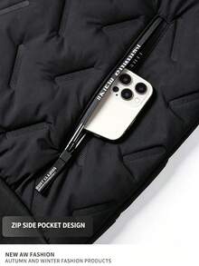 1pc Men's Autumn/Winter Thermal Lined Solid Color Hooded Padded Coat - Black - View 6