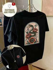 女款雙面印花夏季休閒上衣－水彩風野花與蝴蝶圖案，圓領短袖T恤，萬聖節黑色 - 黑色 - 查看 5