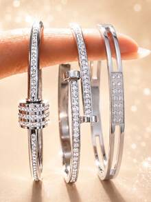 3Pcs Women Silver Stackable Bangle Set, Stainless‑Steel Multi‑Style With Rhinestone & Bamboo Design, Hypoallergenic Jewelry For Daily & Party Gift. - Silver - View 5