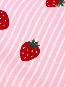 Baby Girl Pink Striped Strawberry Print 3-Piece Set, Solid Color Camisole + Collared Puff Sleeve Blouse + Elastic Waist Soft Straight Leg Denim Jeans - Pink - View 3