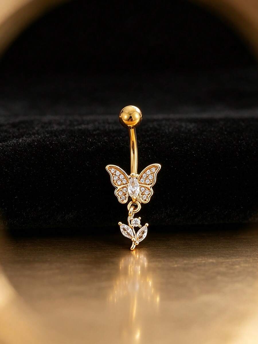 1pc Sexy Butterfly Vine Belly Button Ring, Stainless Steel Body Piercing Jewelry For Women, Daily Wear - Butterfly and Flower Vine - View 1