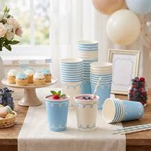 10/20/50 Pcs,Soft Blue And Off‑White Scroll Trim Disposable 9oz Paper Cups,Delicate Curved Loop Border Pattern Party Cups,Lightweight Disposable Drink Cups,For Gender Reveal Party,Nautical Theme,Engagement Party,Spring Celebration,BabyShower - Blue - View 4