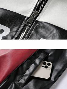 Men's Colorblock Racing Leather Jacket With Stand Collar, Zipper, Letter Print, Hip-Hop Street Style Motorcycle Riding Coat, Suitable For Spring And Autumn Wear - Red - View 6