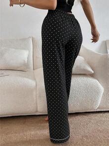 1pc Women's Comfortable Mini Polka Dot Bow Long Pajama Pants, Soft Polyester Opaque - Black - View 2