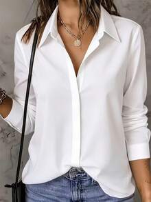 Women's Solid White Shirt, Collared Long Sleeve Button Front Blouse For Business, Office, Commute, Home, Holiday, Spring Fall Winter - White - View 2