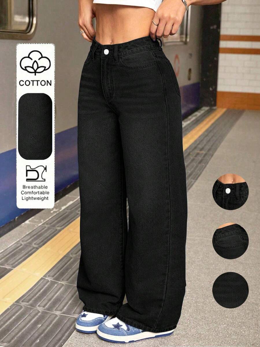 Women's Casual Loose Straight Leg Jeans With Pockets Black Fall - Black - View 1