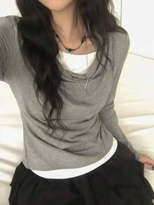 Sweet Cool Hot Girl Style Waist-Cinching 2 In 1 Versatile T-Shirt - Grey - View 2