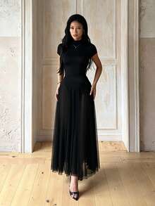 1pc Solid Color Elegant Knit Fabric Sleeveless Dress Beach Summer - Black - View 2
