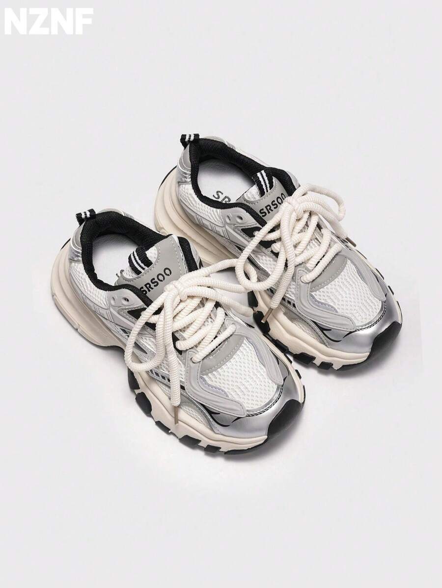 NZNF Flattering Chunky Sneakers For Women, White Color, Increased Height, Retro Thick Sole, Low-Top, Autumn 2025 New Arrival - Black - View 1