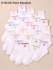 5/10/20 Pairs Random White Girls Butterfly Embroidery Bow Ruffle Socks, Back To School Season Big Girls Autumn Socks, Daily Wear, Halloween, Christmas - Multicolor - View 6