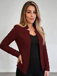 1pc Women's Solid Color Stand Collar Casual Cardigan Jacket, Suitable For Office, Spring And Autumn - Burgundy - View 2