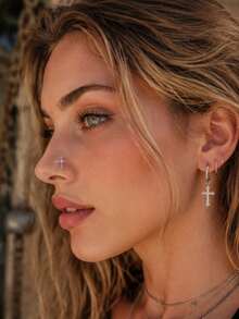 1pc Sweet & Cool Niche Fashion Pink Rhinestone Cross Nose Stud, Women's Piercing Charm Jewelry For Daily & Party Wear - Multicolor - View 4