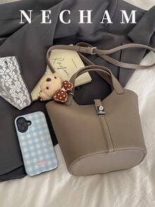 1pc Premium Lychee Texture Solid Color Bucket Bag, Minimalist Elegant Daily Shoulder Bag (Without Pendant) - Grey - View 5