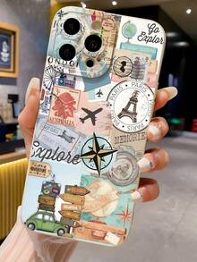 Travel Elements Shockproof Map & Airplane Printed Lightweight Shockproof Phone Case Compatible With IPhone - Black - View 1