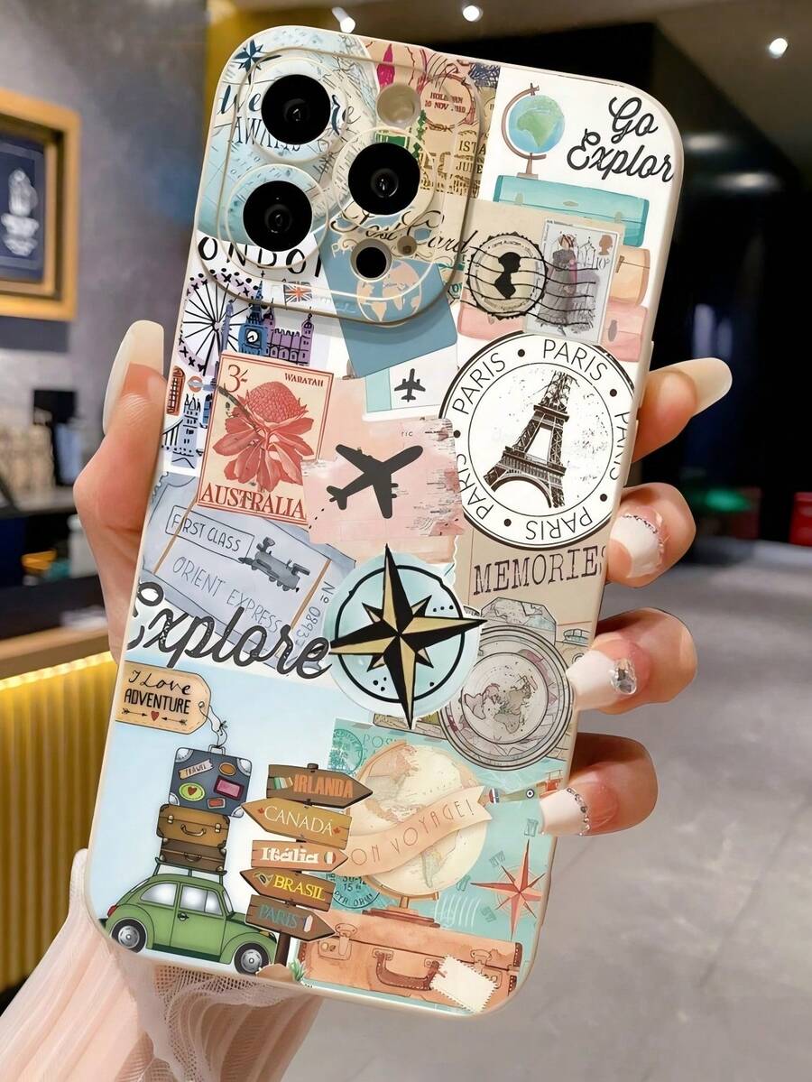 Travel Elements Shockproof Map & Airplane Printed Lightweight Shockproof Phone Case Compatible With IPhone - Black - View 1