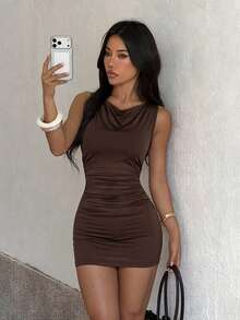 1pc Solid Color Sexy Knit Fabric Dress For Summer Vacation - Brown - View 2