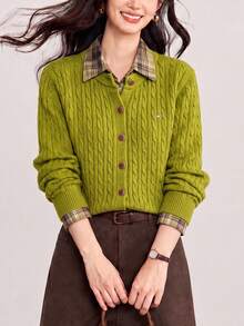 Women's Autumn Casual Minimalist Patchwork Woven Plaid 2 In 1 Cardigan Knit Sweater - Olive Green - View 6