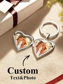 1pc Customized Heart-Shaped Photo Box Keychain, Personalized Photo Keychain, Custom Picture Insert, Elegant Metal Finish, Customized Wedding Photo Travel - Multicolor - View 2
