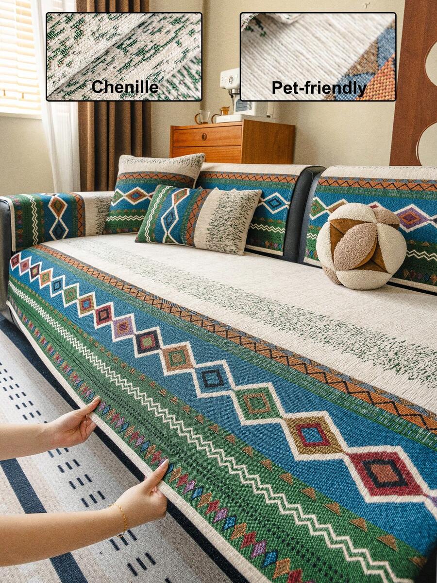 1件波希米亞風雪尼爾沙發坐墊,寵物友好四季通用保護墊,適用於1-4人座沙發裝飾,舊沙發翻新 - 米色 - 查看 1