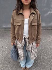 Girls' Urban Fashion Suede Jacket With Scalloped Edge, Metal Button Decor, Back To School Campus Outfit, Autumn/Winter Casual Daily Wear - Brown - View 2