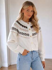 Perirose Women's Cream Jacquard Knit Cardigan, Fair Isle Pattern Button Front Sweater, Short Length Long Sleeve, Soft & Warm, Autumn/Winter Vintage Preppy Style - White - View 7