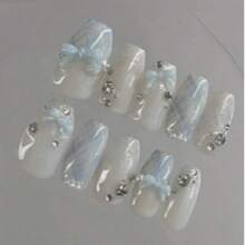 10pcs Y2K Style Short Flat Almond Shape Handmade Press-On Nails, Japanese Short Trapezoid Press-On Nails, Light Blue Bow Plaid Rhinestone Design, Suitable For Women Girls Party Daily Wear, Also Can Be Used As Gift - Baby Blue - View 2