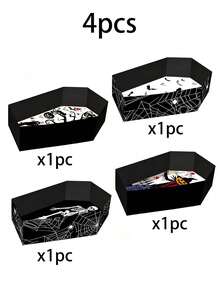 4pcs Halloween Coffin Shaped Cardboard Box Tray Set, Spider Web & Bat Print Storage Boxes; Halloween Party Display Trays, Halloween Tabletop Decor Plates, Halloween Gift Storage Boxes, Halloween Gift Packaging, Halloween Party Packaging Supplies - Multicolor - View 11