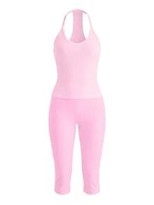 Women's Casual V-Neck Ribbed Knit Tank Top & Fitted Capri Pants Solid Color 2 Pieces Set Summer Outfit Pink Elegant - Pink - View 8