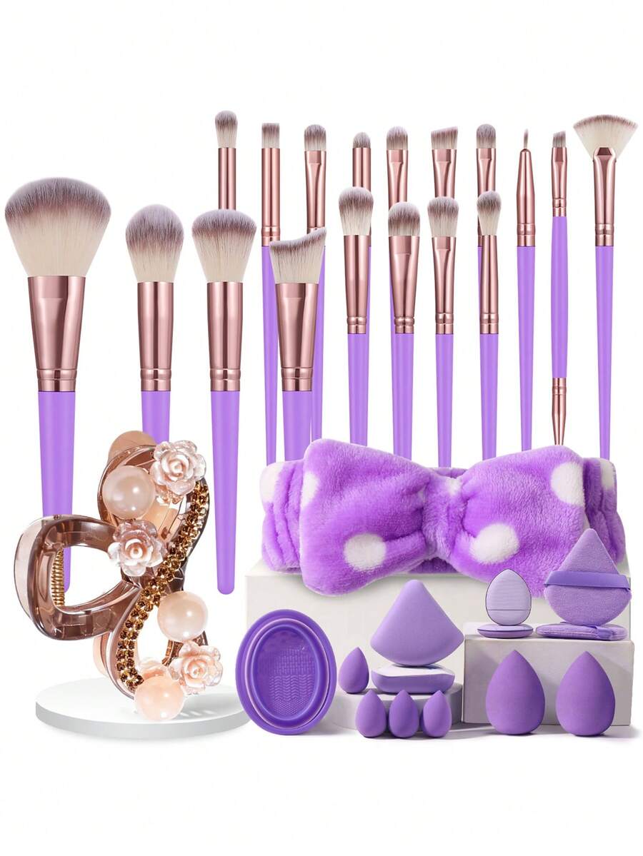 33 Pcs Total Makeup Tool Kit, Including 18 Pcs Purple Rose‑Gold Tri‑Color Makeup Brushes And 15 Pcs Makeup Accessories. Flower Pearl Hair Claw Clip Included, Large Opening Holds Thick Hair Firmly For Makeup Preparation And Daily Hair Styling - Multicolor - View 1