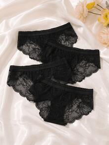 4 buah Celana Dalam Segitiga Wanita Pinggang Rendah Motif Renda Hitam, Romantis & Seksi - MultiWarna - View 3
