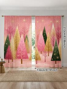 2 piezas de cortinas decorativas con tema navideño, patrón de árbol de Navidad rosa, adecuadas para decoración del hogar, decoración de ventanas, decoración de ambiente navideño para el hogar - Multicolor - Ver 11